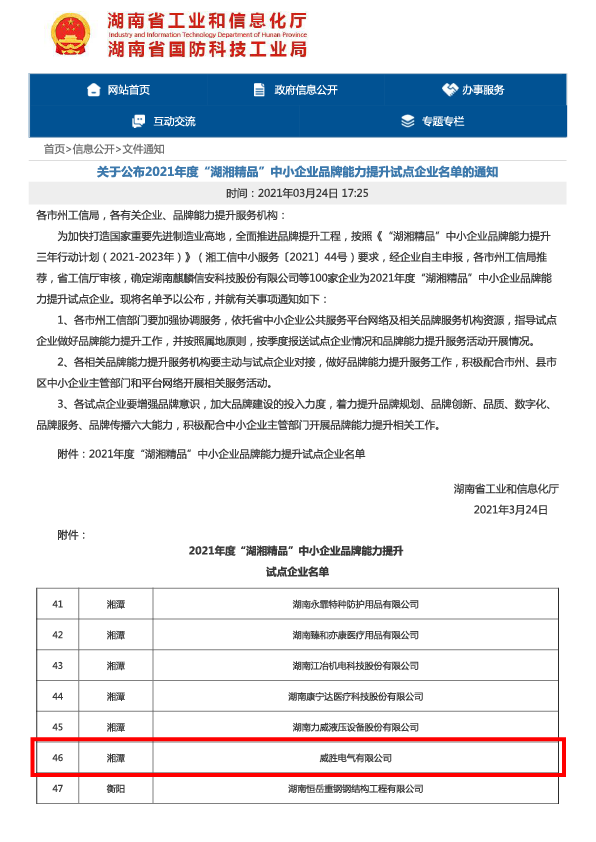 威胜电气荣膺“‘湖湘精品’中小企业品牌能力提升试点企业”称号