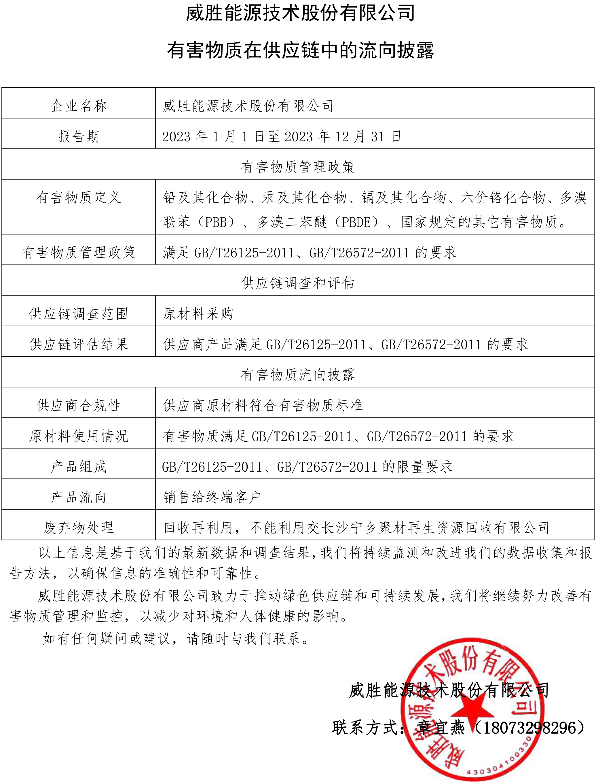 威胜能源技术股份有限公司-有害物质在供应链中的流向披露